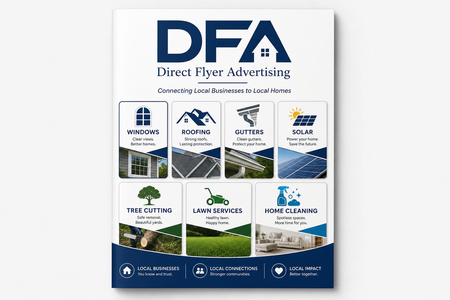 Front-facing brochure with logo, slogan, and business card sections for 7 home service businesses