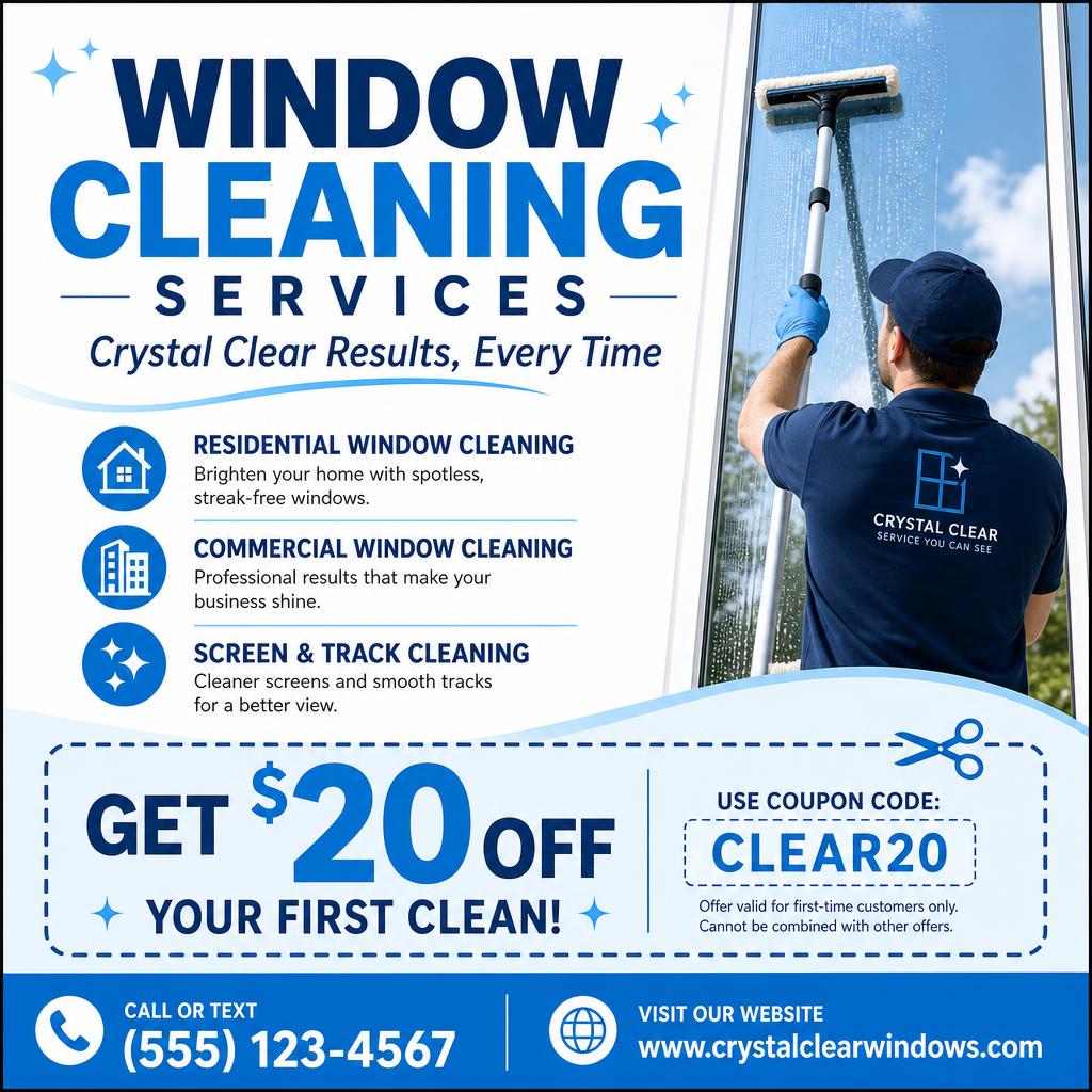 Single front-facing flyer featuring a local window cleaning business with a discount coupon section