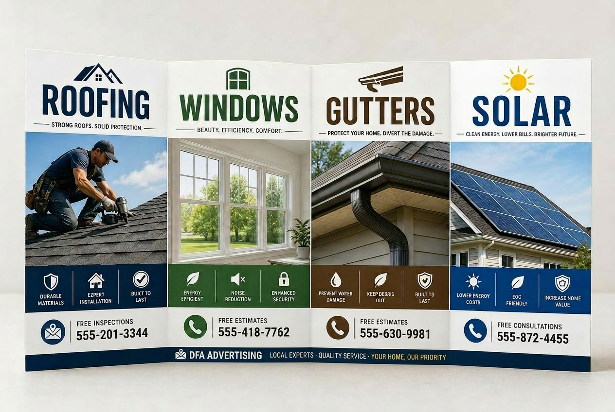 Accordion-fold shared mailer featuring four local home service businesses: roofing, windows, gutters, and solar